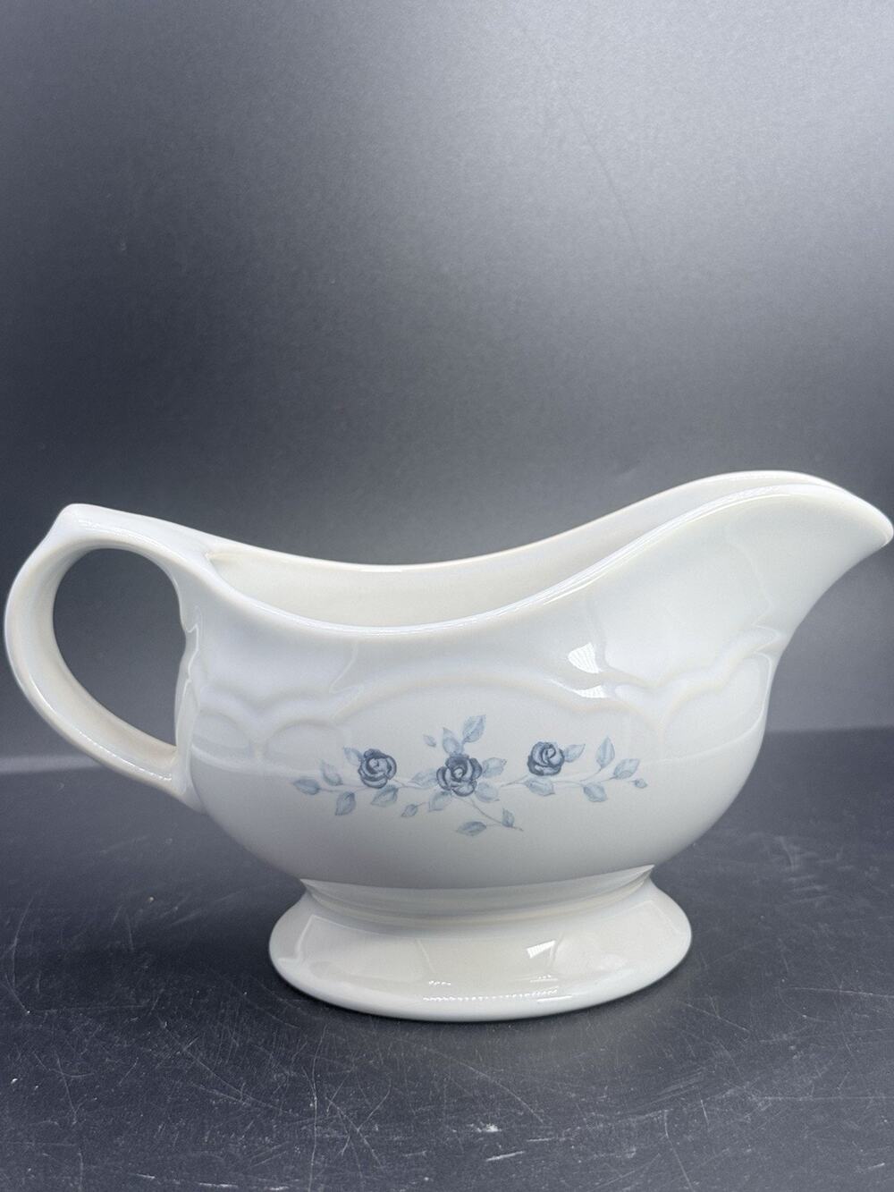 Pfaltzgraff Stoneware Pale Blue Gravy Server Gravy Boat Poetry Blue Roses
